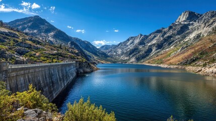 Majestic mountains frame a tranquil lake beside a large dam under a bright blue sky. This serene landscape showcases the natural beauty of the Sierra Nevada.