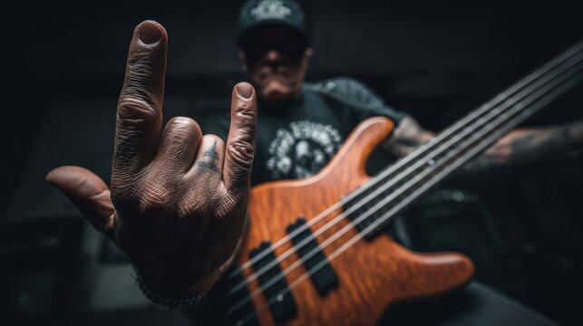 Close-up, low-angle shot of a musician's hand making the "rock on" sign while playing an electric bass guitar with passion.