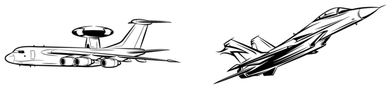 Military Aircraft Set AWACS Surveillance Plane And Fighter Jet Monochrome Vector