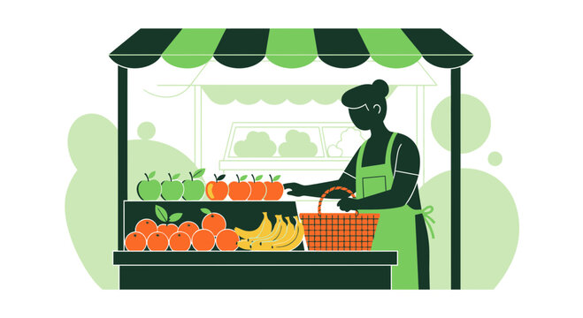 Illustration of a green market stall with fresh produce and a seller tending to fruit - Powered by Adobe