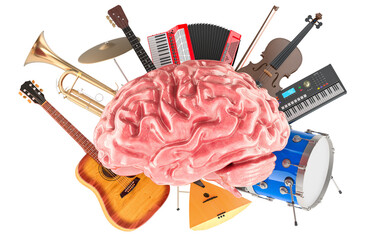 Human brain surrounded by various musical instruments, symbolizing music creativity and cognition. 3D rendering