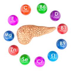 Pancreas with vitamins and minerals essential for healthy pancreatic function and metabolism. 3D rendering