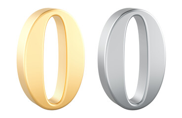 Zero numbers, gold and silver. 3D rendering