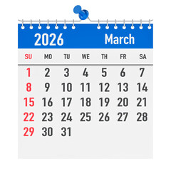 Wall calendar March 2026 page. 3D rendering