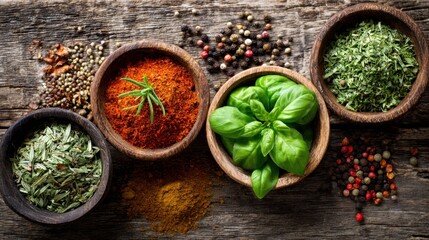 An inviting display features various spices and herbs in wooden bowls. Bright colors like red, green, and earthy tones create an appealing layout. Perfect for cooking enthusiasts.