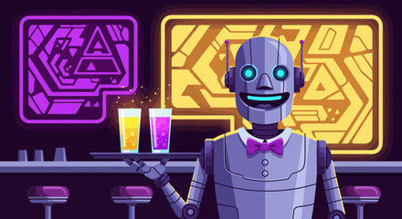 Futuristic robot bartender serving cocktails in a neon-lit bar illustration