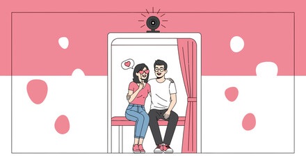 Happy Couple Taking Photos in a Photo Booth for Valentine's Day Celebration