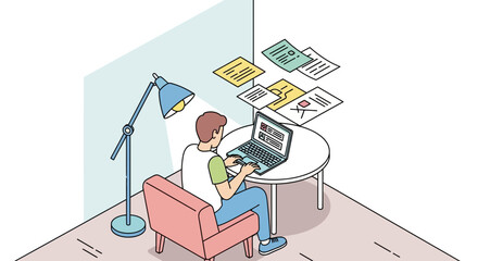 Illustration of a person working on a laptop in a home office setting showcasing remote work and