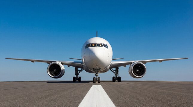 Front view of a commercial passenger jet on an airport runway