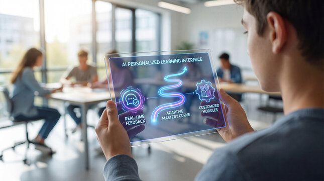Student Using AI-Powered Personalized Learning Interface Tablet