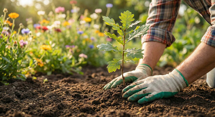 Person wearing gloves planting a small tree in a garden surrounded by colorful flowers
