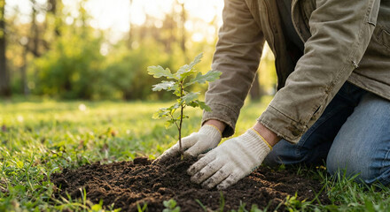A person planting a young tree sapling in the soil during a sunny day in a park or garden
