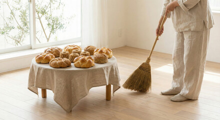 Person Sweeping Floor in a Sunlit Room with Bread Displayed on a Table