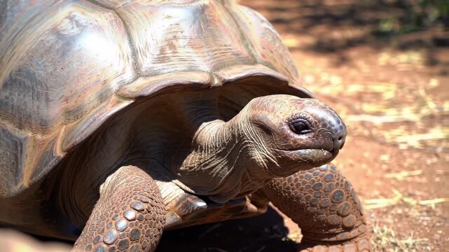 A tortoise slowly walks, its shell reflecting sunlight in a reddish earth environment