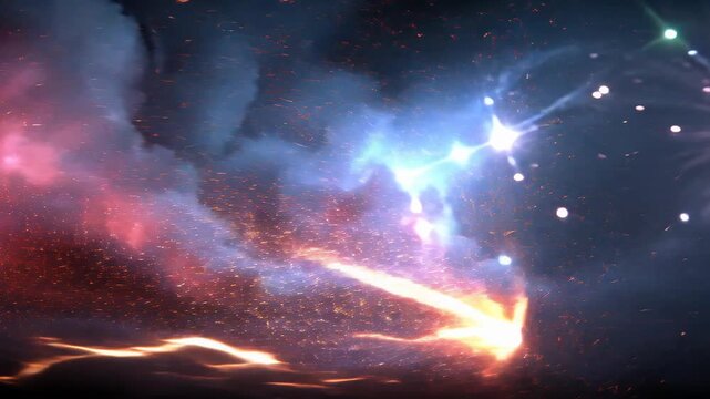 blazing cosmic nebula of glowing embers, swirling plasma clouds and drifting ash, cinematic starburst and supernova shockwave scattering sparks and meteor
