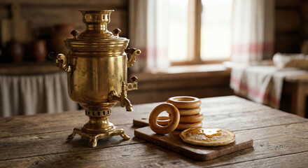 Vintage samovar with traditional russian pastries on a rustic wooden table in a cozy kitchen setting
