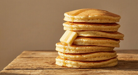 Stack of freshly made pancakes with melting butter on a rustic wooden table