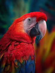 Obraz premium Vibrant close-up portrait of a scarlet macaw with detailed red, blue and yellow feathers, ideal for wildlife education materials, nature documentaries, biodiversity campaigns, wallpapers.