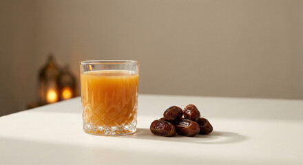 Glass of amber juice with pile of dates on a white surface, featuring soft lighting and warm tones