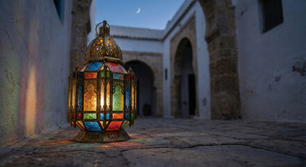 Traditional Moroccan lantern glowing with colorful glass panels in an old stone-paved alley at night