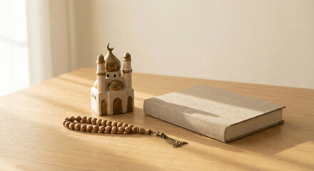 Peaceful arrangement of a small mosque model, prayer beads, and a book on a light wooden table