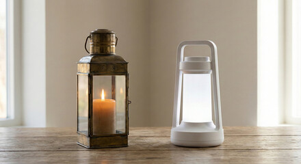 Comparison of traditional brass candle lantern and modern white LED lantern on wooden table