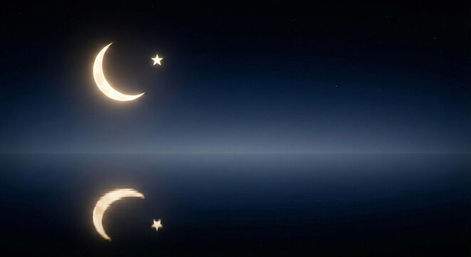 A moon and star reflecting on a calm night sea under a dark sky with a serene atmosphere
