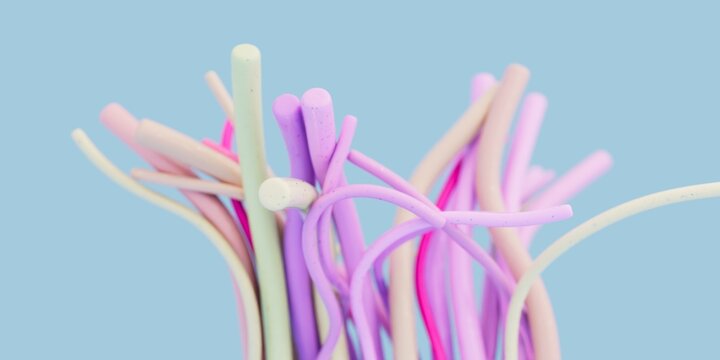 3D Illustration of Minimalist Fluid Spline Art Featuring Spreading Pastel Cylinders with Lens Blur over Solid Blue Backdrop