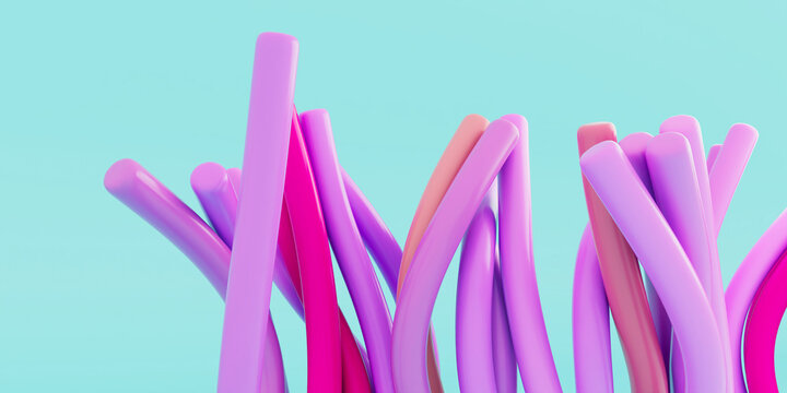3D Illustration of Minimalist Fluid Spline Art Featuring Slender Pastel Pink and Purple Cylinders over Solid Turquoise Backdrop