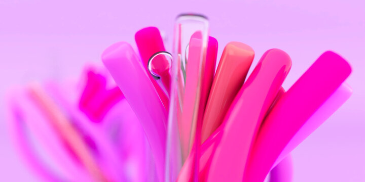 3D Illustration of Minimalist Fluid Spline Art Featuring Packed Glossy Magenta Cylinders and Clear Rod with Camera Blur over Solid Purple Backdrop