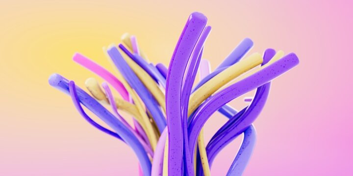 3D Illustration of Minimalist Fluid Spline Art Featuring Spreading Glossy Purple Cylinders with Lens Blur over Pastel Pink Backdrop
