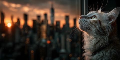 A curious cat gazes out a window as the sun sets over a dramatic city skyline, capturing a quiet moment of wonder and contrast between nature and urban life.