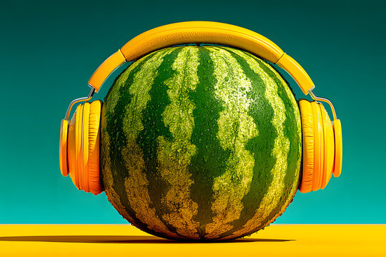 Creative and humorous concept image of a watermelon wearing bright yellow headphones on a vibrant background. A playful take on summer, music, and freshness with surreal, eye-catching style.

