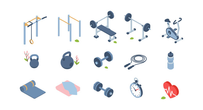 Essential home gym equipment in isometric style for fitness and exercise enthusiasts