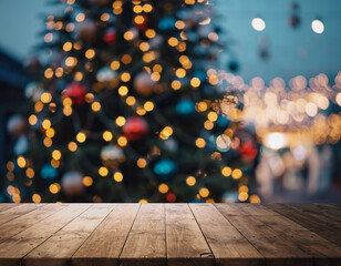 Wooden table with Christmas tree, blurred background, creating festive warmth.