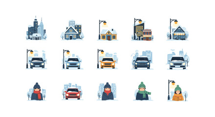 Winter cityscape and people in cozy warm clothing and hats in minimalist style