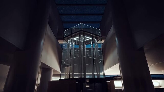 Futuristic transparent glass elevator ascending in modern vertical atrium with starry night sky