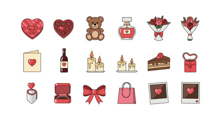 Charming romantic elements: hearts, gifts, and flowers collection