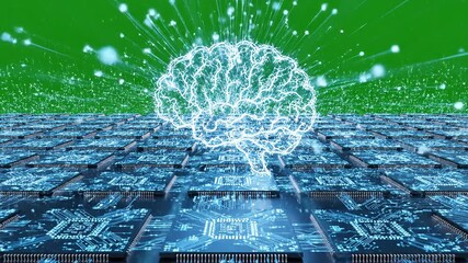 Futuristic AI Brain Circuit Board Animation A HighTech Visualization of Artificial Intelligence and Neural Networks on a Green Screen Background Perfect for Technology and Science Projects. - Powered by Adobe