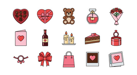 Charming gift icons set: hearts, chocolates, and more for celebrations
