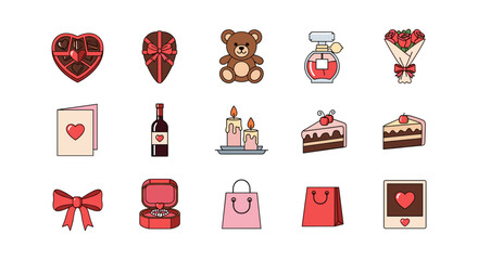 Romantic gift set featuring candles, flowers, cakes, and more in flat style