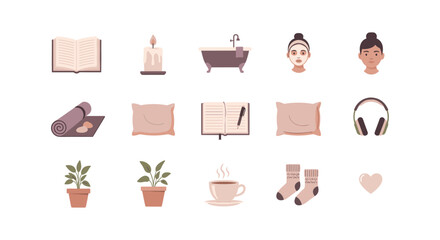 Cozy home essentials icons for relaxation and comfort