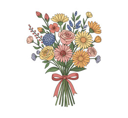 Colorful bouquet of flowers with ribbon in detailed flat design