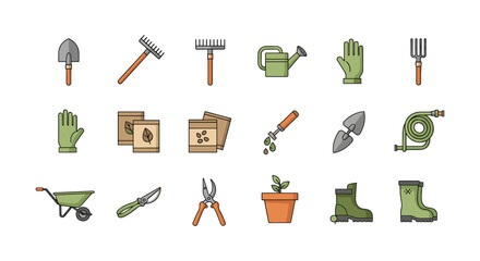 Essential gardening icons collection featuring tools, plants, and seeds in modern flat design