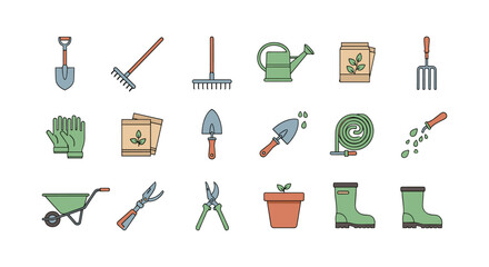Gardening tools set: flat color icons for landscaping and horticulture projects