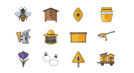 Colorful beekeeping icons set featuring hives, honey, bees, and equipment