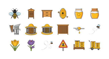 Beekeeping icons set featuring honeycomb, beehive, and honey jar in flat design