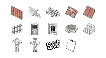 Rustic and urban decay elements: cracked walls, brick roofs, and more