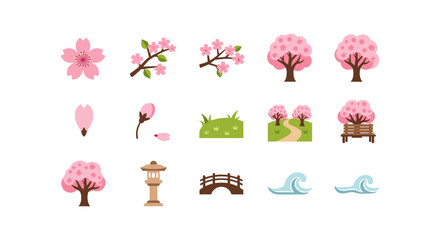 Cherry blossom elements: floral designs with trees and garden accents