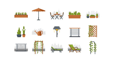 Urban garden furniture and decor in flat style for modern outdoor spaces